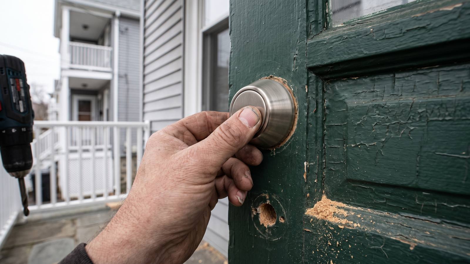 A locksmith's bare hand fitting a brushed nickel deadbolt into the cracked dark green door of a New England triple-decker, fresh sawdust on the panel below