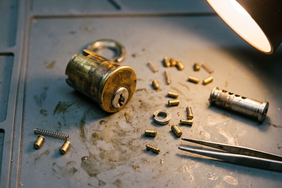A tarnished brass lock cylinder disassembled on a grimy bench mat, its pins and springs scattered beside a pair of tweezers